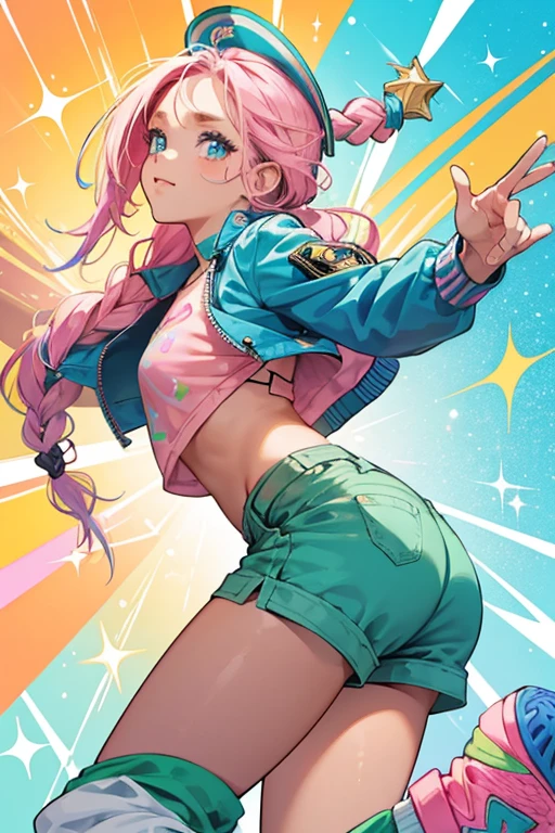 Boom B.B. has tan skin, blue eyes, and blue and green braided hair. She is wearing a pink shirt, green shorts with a blue jacket, and blue shoes. SPARKLE; GLITTER