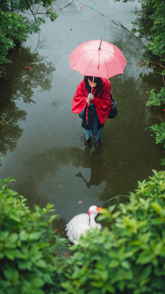 ((crane))、bird、Rainy Sky、1girl,from below