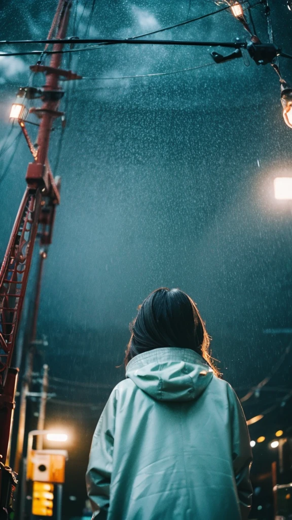 ((crane))、bird、Rainy Sky、1girl,from below