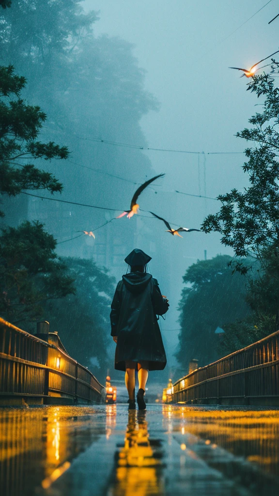 ((crane))、bird、Rainy Sky、1girl,from below