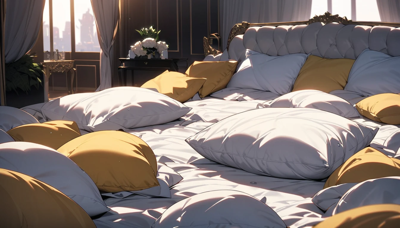 Lots of giant silk pillows. Ejaculating Prince. Blushing. Drooling. cry. naked. Sweaty. Luxury bed. A large amount of Calpis concentrate is scattered around