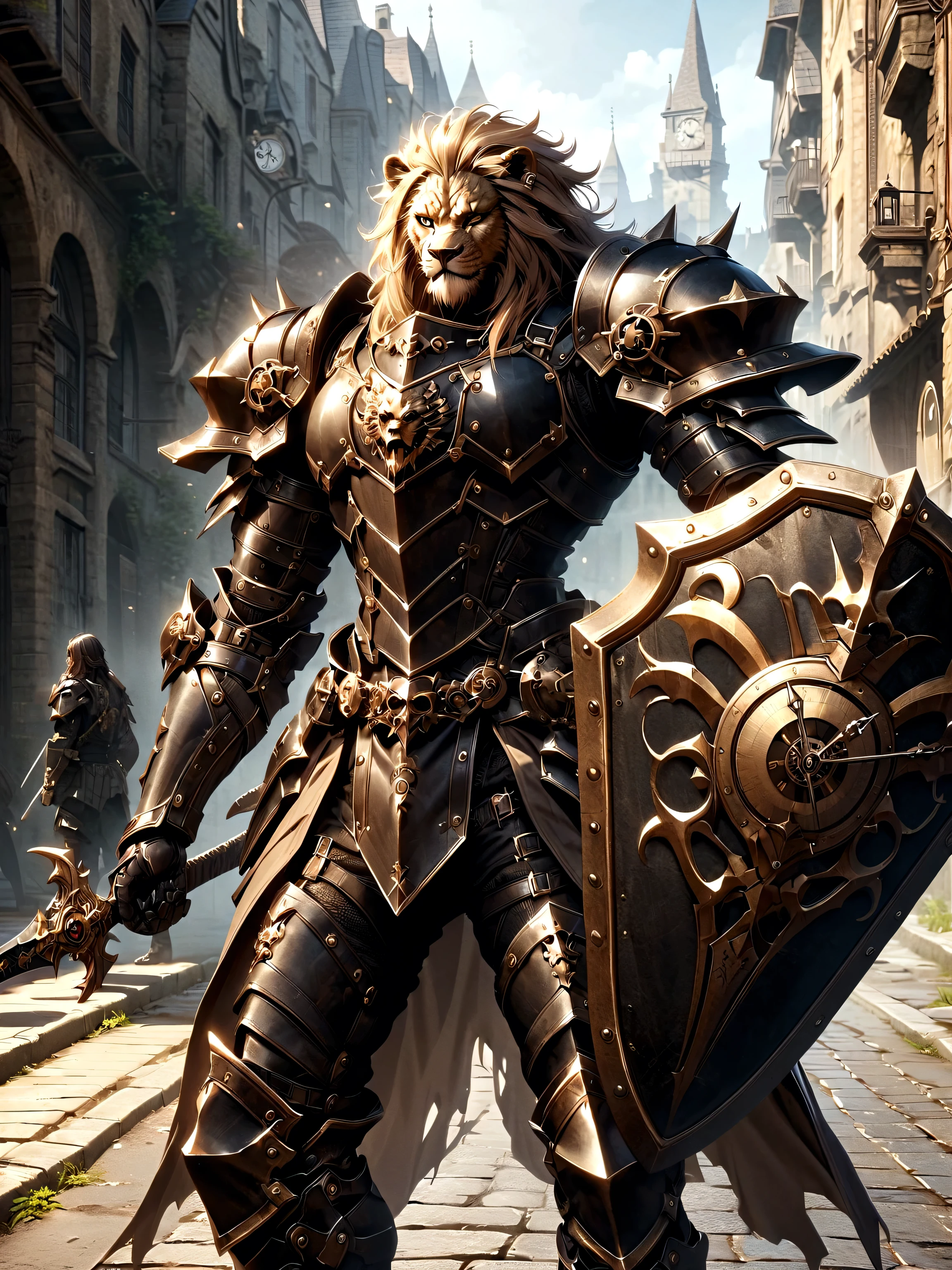 Lion Knight wearing combat uniform, on the street, black armor, Clock designs, Black Lion Man, Black Color armor, Sword and Shield