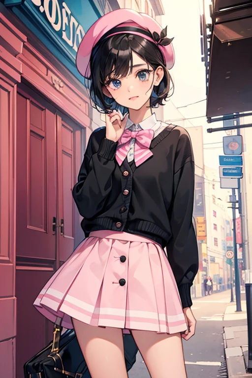 Directeur Gurl has a brown skin-tone and dark blue eyes. Her hair is black and is styled into a short hairdo which she accessorizes with a pink french beret, preppy perfectly describes her outfit which includes a striped black and pink vest on top of a white sweater with painted black button detailing, pink skirt with a film reel pattern going across, and black, white, pink striped shoes. SPARKLE; GLITTER