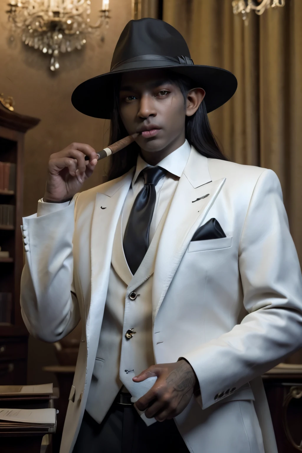 A drow elf with a mafia appearance, dark skin and piercing yellow eyes. He has straight, well-combed white hair.. He is dressed in an elegant dark suit and a silk tie.. He wears a fedora hat tilted on his head and holds a lit cigar in one hand.. The setting is a luxurious office room, with dark wood furniture, exuding an atmosphere of power and mystery