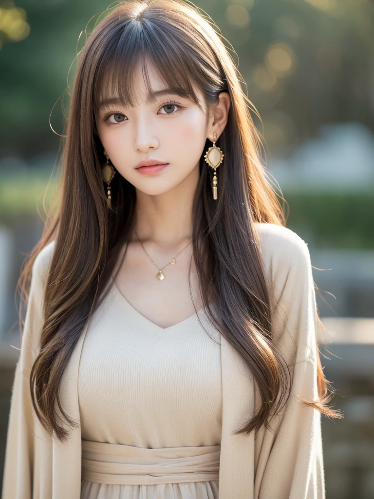((Highest quality, 8K, masterpiece:1.3)), concentrate: 1.2, Perfect body beauty: 1.4, Hips: 1.2, ((Long Hair, chest: 1.2)), (Dry clothes: 1.1) , (clear, Simple Background:1.3), Simple clothes: 1.1, Highly detailed face and skin texture,Delicate eyes, double eyelid, Whitened skin, Rough skin、Long Hair、Earrings with bangs、necklace、 solo、Beige coat、White shirt, (((Beautiful girl with cute Japan)))、 ((Beautiful Japanese girl 20 years old))、 (())、 (((Slender body)))、 Upper Body,Face focus、necklace,Simple Background,From above, Realistic Hair、 A photograph was taken:Canon EOS R6、135mm、1/1250 seconds、f2.8、ISO400、(Detailed explanation of the hand)、(Masseter muscle area)、(Exquisite CG)、Long Hair, loose and curly hair、Korean Hair、Long Hair明るいベージュ色、グラデーションハイライトグレージュのゆるふわLong Hairスタイル、
