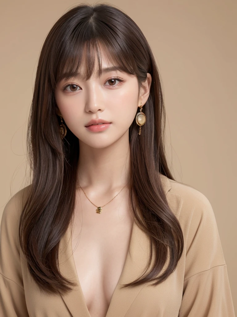  ((Highest quality, 8K, masterpiece:1.3)), concentrate: 1.2, Perfect body beauty: 1.4, Hips: 1.2, ((Long Hair, chest: 1.2)), (Dry clothes: 1.1) , (clear, Simple Background:1.3), Simple clothes: 1.1, Highly detailed face and skin texture,Delicate eyes, double eyelid, Whitened skin, Rough skin、Long Hair、Earrings with bangs、necklace、 solo、Beige coat、White shirt,  (((Beautiful girl with cute Japan)))、  ((Beautiful Japanese girl 20 years old))、 ((Baby Face))、 (((Slender body)))、  Upper Body，Face focus、necklace，Simple Background，From above， Realistic Hair、 A photograph was taken:Canon EOS R6、135mm、1/1250 seconds、f2.8、ISO400、(Detailed explanation of the hand)、(Masseter muscle area)、(Exquisite CG)、Long Hair, loose and curly hair、Korean Hair、Long Hair明るいベージュ色、グラデーションハイライトグレージュのゆるふわLong Hairスタイル、