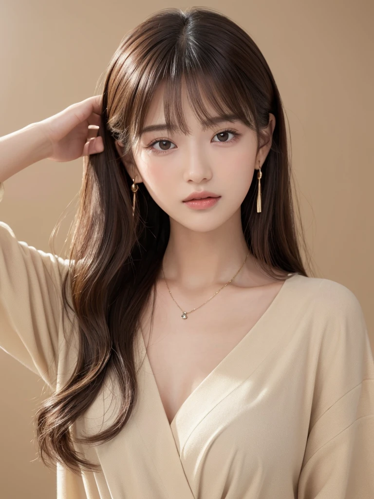 ((Highest quality, 8K, masterpiece:1.3)), concentrate: 1.2, Perfect body beauty: 1.4, Hips: 1.2, ((Long Hair, chest: 1.2)), (Dry clothes: 1.1) , (clear, Simple Background:1.3), Simple clothes: 1.1, Highly detailed face and skin texture,Delicate eyes, double eyelid, Whitened skin, Rough skin、Long Hair、Earrings with bangs、necklace、 solo、Beige coat、White shirt, (((Beautiful girl with cute Japan)))、 ((Beautiful Japanese girl 20 years old))、 ((Baby Face))、 (((Slender body)))、 Upper Body,Face focus、necklace,Simple Background,From above, Realistic Hair、 A photograph was taken:Canon EOS R6、135mm、1/1250 seconds、f2.8、ISO400、(Detailed explanation of the hand)、(Masseter muscle area)、(Exquisite CG)、Long Hair, loose and curly hair、Korean Hair、Long Hair明るいベージュ色、グラデーションハイライトグレージュのゆるふわLong Hairスタイル、