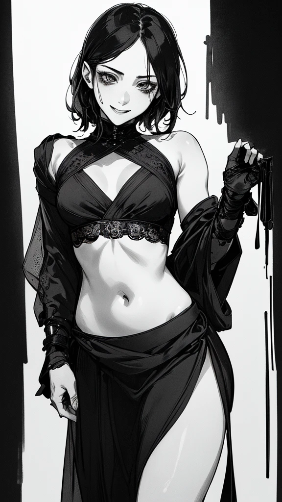 Best Quality, (background details), high contrast, very beautiful woman, detailed original illustration, functional, Kunoichi, ninja costume, black hair, delicate face, charm, bad girl,sexy, real breasts, small breasts, crazy smile, crazy eyes, black background, (black background:1.4), beautiful line drawing, monochrome, black and white drawing