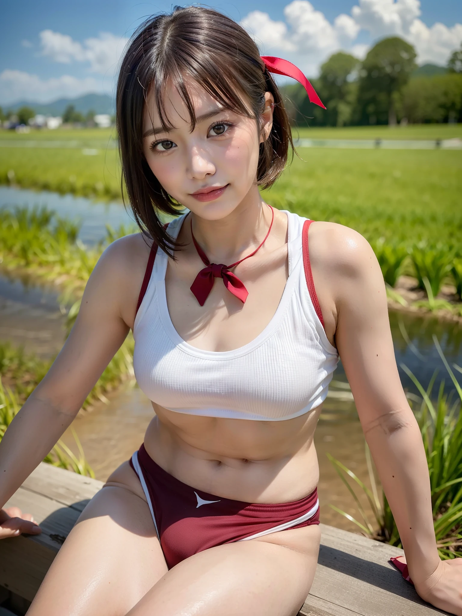 ((Best of the highest quality, 8k, Masterpiece, raw photo: 1.2)), (Sharp focus: 1.2), (1 AESPA, slim body type female, 21 y/o: 1.1), (solo: 1.28), (realistic, photo-realistic:1.37), face focus, cute face, finely eyes, (droopy eyes: 1.32), (Emphasize prominent aegyo-sal with bright: 1.2), shimmering eyeshadow applied under the lower lash line, paired with thick, (small breasts, flat chest, Thigh: 1.3), (short hair, messy hair: 1.28), (sports wear, ribbon, panties: 1.32), sitting river, (rice field, paddy field: 1.1), flower, (from below: 1.16)