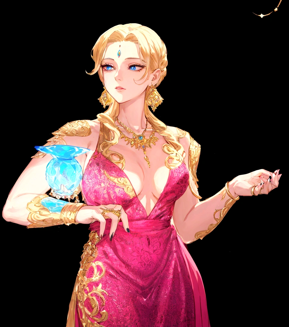 In this vibrant and colorful image, a woman is the central figure. She is adorned in a pink dress that features a deep neckline and gold accents, adding an element of glamour to her appearance. Her blonde hair frames her face as she gazes off to the side with a thoughtful expression.
The background is a stark black, which contrasts with her bright attire and allows her to be the focal point of the image. In her left hand, she holds a blue object that appears to be a small, glowing orb. This could suggest a theme of magic or fantasy in the context of this image.
Adding to the mystique, she has tattoos on both arms and is wearing gold jewelry, including a necklace with an intricate design that matches her dress. The overall composition of the image suggests it could be from a promotional material for a fantasy or magic-themed event or production.