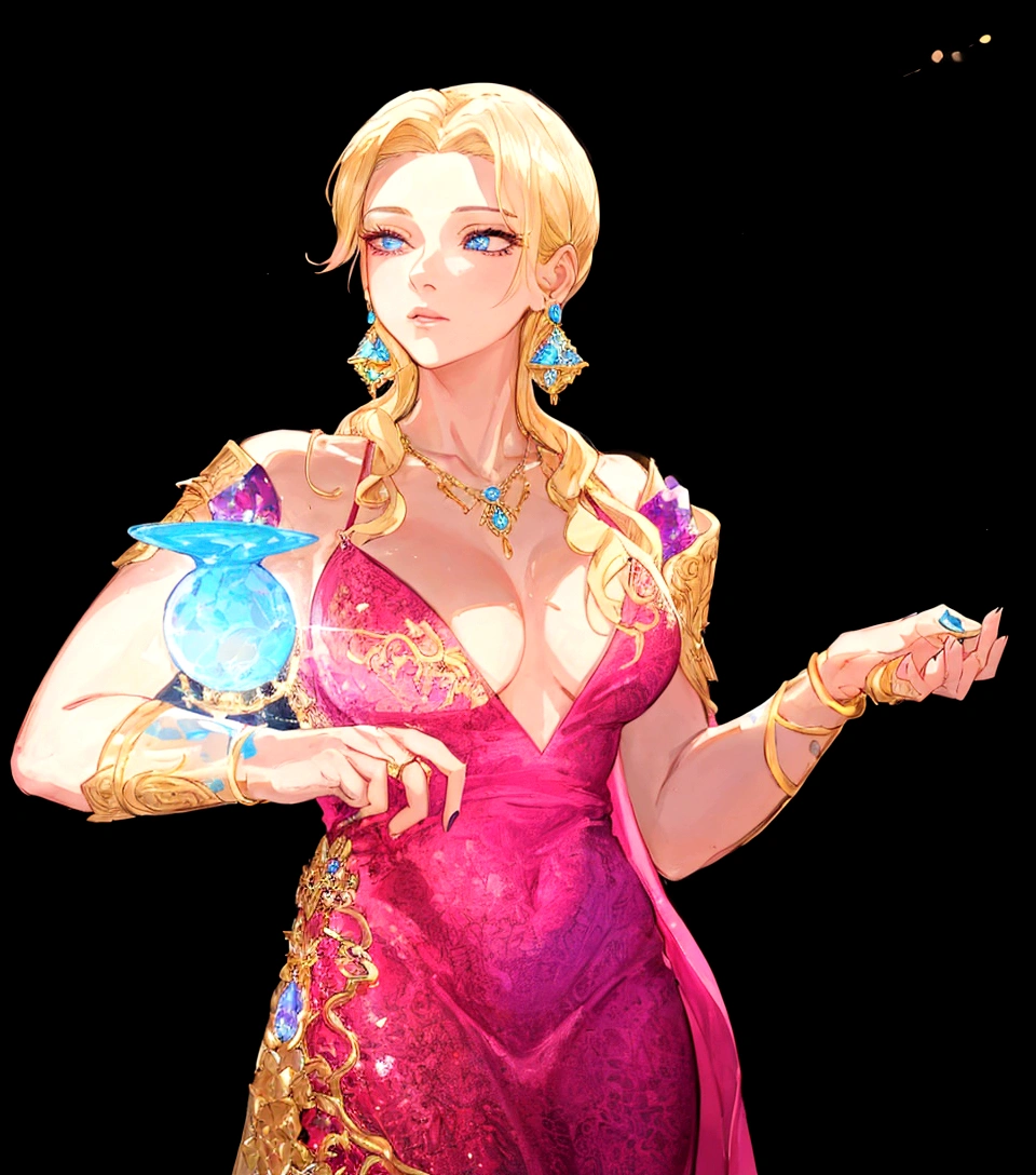 In this vibrant and colorful image, a woman is the central figure. She is adorned in a pink dress that features a deep neckline and gold accents, adding an element of glamour to her appearance. Her blonde hair frames her face as she gazes off to the side with a thoughtful expression.
The background is a stark black, which contrasts with her bright attire and allows her to be the focal point of the image. In her left hand, she holds a blue object that appears to be a small, glowing orb. This could suggest a theme of magic or fantasy in the context of this image.
Adding to the mystique, she has tattoos on both arms and is wearing gold jewelry, including a necklace with an intricate design that matches her dress. The overall composition of the image suggests it could be from a promotional material for a fantasy or magic-themed event or production.