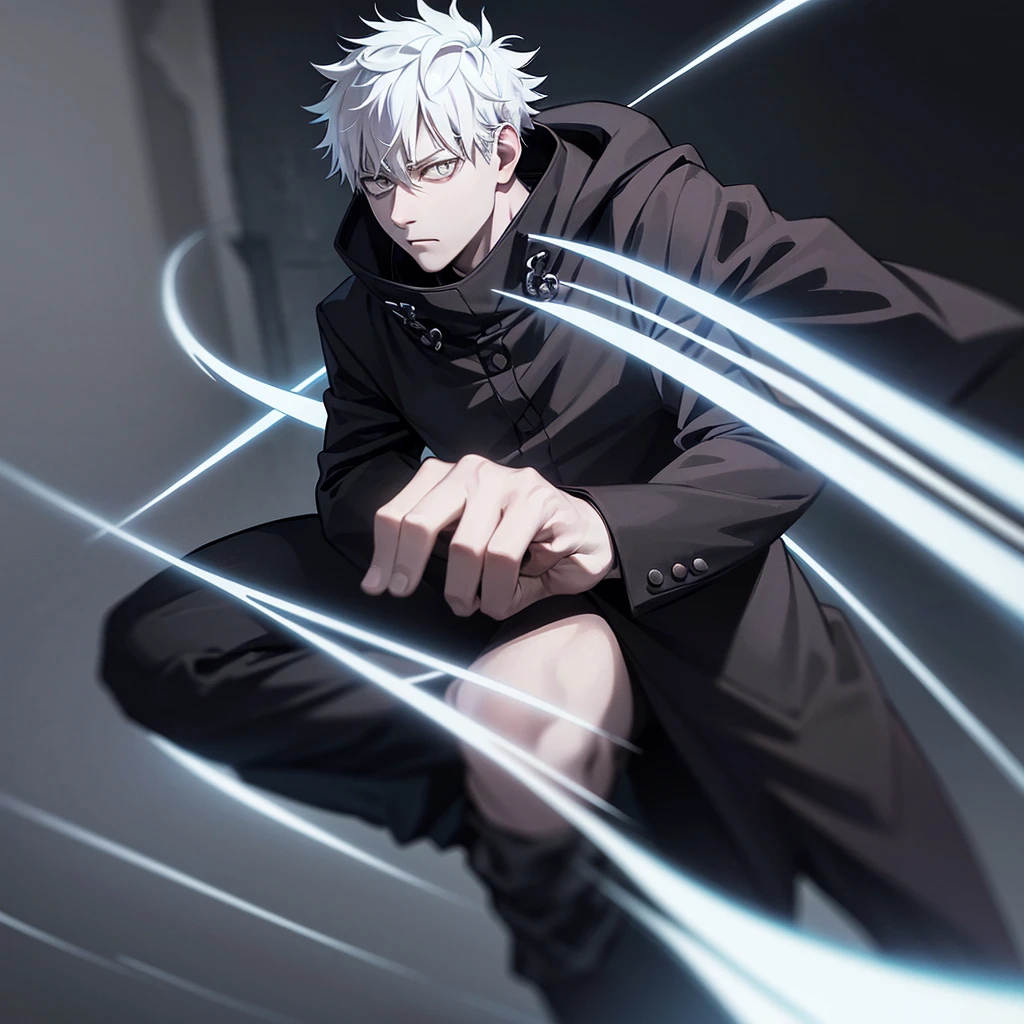 one guy, white hair with black tips, high res, ultrasharp, jujutsu kaisen style, jujutsu kaisen background, masterpiece, grey eyes