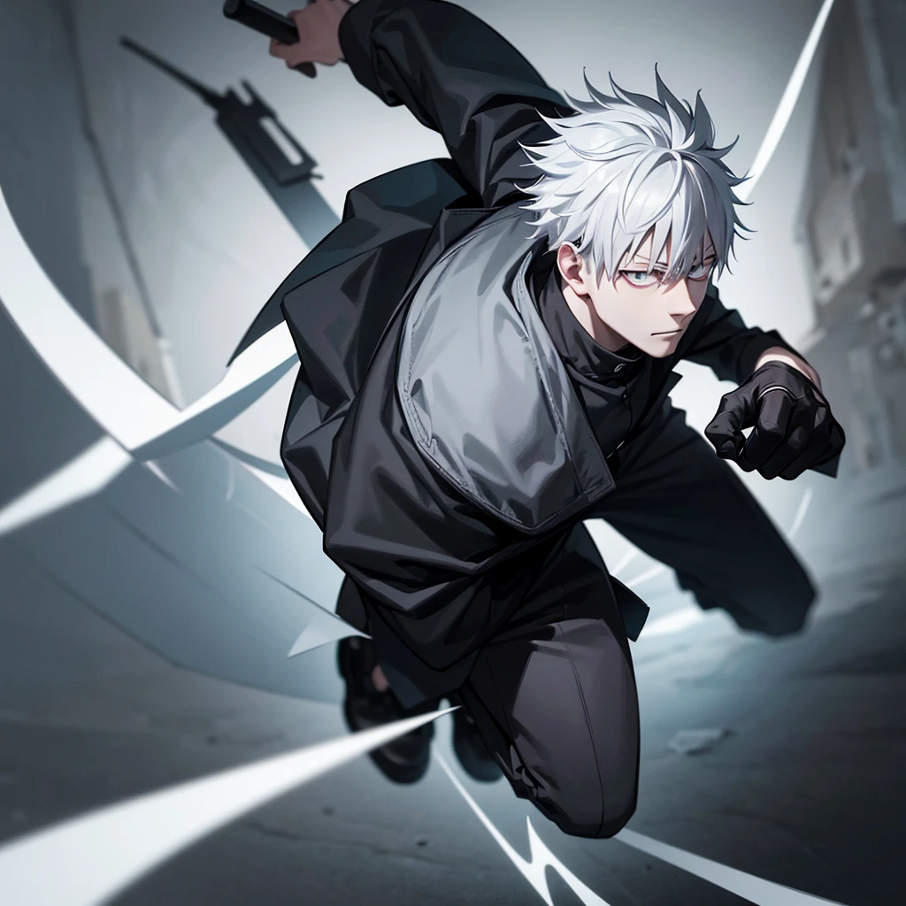 one guy, white hair with black tips, high res, ultrasharp, jujutsu kaisen style, jujutsu kaisen background, masterpiece, grey eyes