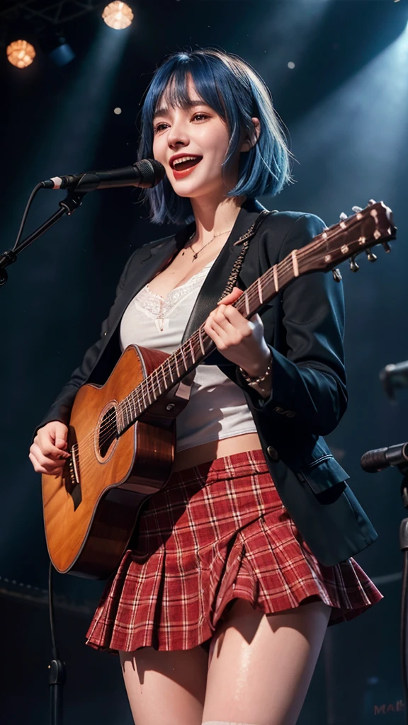 ((best quality)), photorealistic, photorealism, Photorealistic, high resolution, school girl blazer、 lace bra、Red checked knee-length skirt、Long skirt、JK Style、Jacket、smile、Knee-high socks、Thigh-high socks、pantyhose、A superb beauty、Super cute、ennui、Rare beauty、Very short hair、Sad、white skin、pale skin、Short hairstyle、Dark Gothic Makeup、Cute Smile、Fragrant beauty、Stained glass background、Mastepiece、Best Quality、Refers to 5 books、Sweat glistening on my chest、Sweat glistening on my face、Large breasts、Blue hair、Age 20 years old、Mysterious look、A sad expression、Blue Hair、enchanting castle、Sweating profusely all over the body、A lot of sweat and light on the thighs、Shiny thighs、Plenty of sweat glistening on the thighs、A large amount of sweat glistens on my thighs、Sweating profusely、Gal、Large breasts、beautiful face、Alluring expression、Thin thighs、Playing guitar、I have a guitar、Sing a song enthusiastically、Playing guitar in a band、Playing guitar chords、Live House Background、Sing a song、Open your mouth、Live house scenery、Mike stand、Glamorous live stage、Dynamic Angle、cinematic lighting