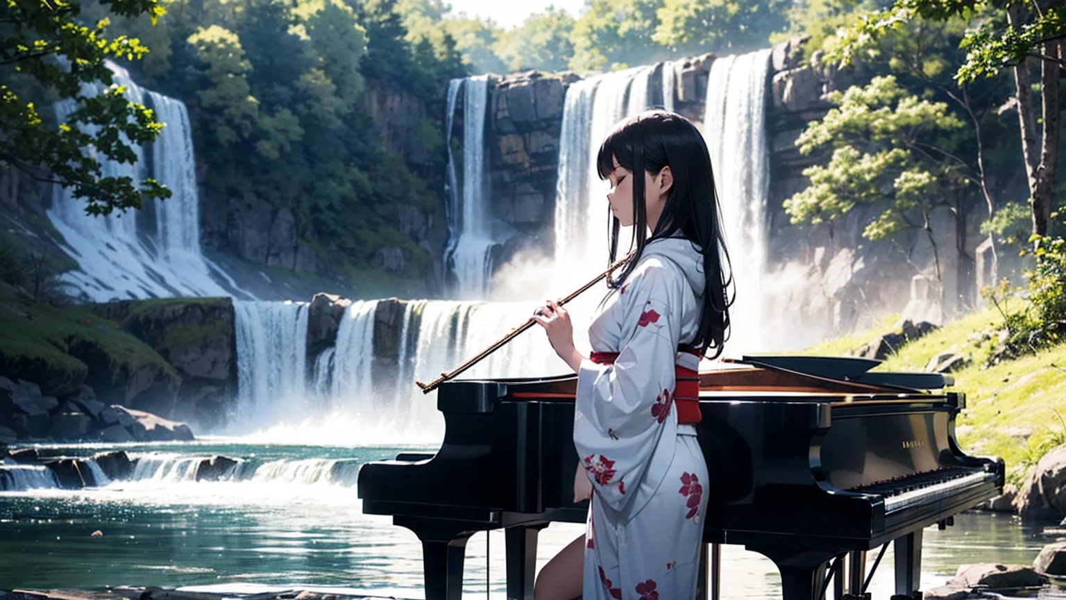 ((full shot))((long shot)), high quality, fantastic, mysterious, sunlight through trees, ((alone))(huge waterfall), sitting far away playing piano, eyes closed, playing, lone female pianist, woman in kimono, wearing hoodie, bright pattern in kimono, cool woman, fantastic, long black hair, piano with Japanese pattern