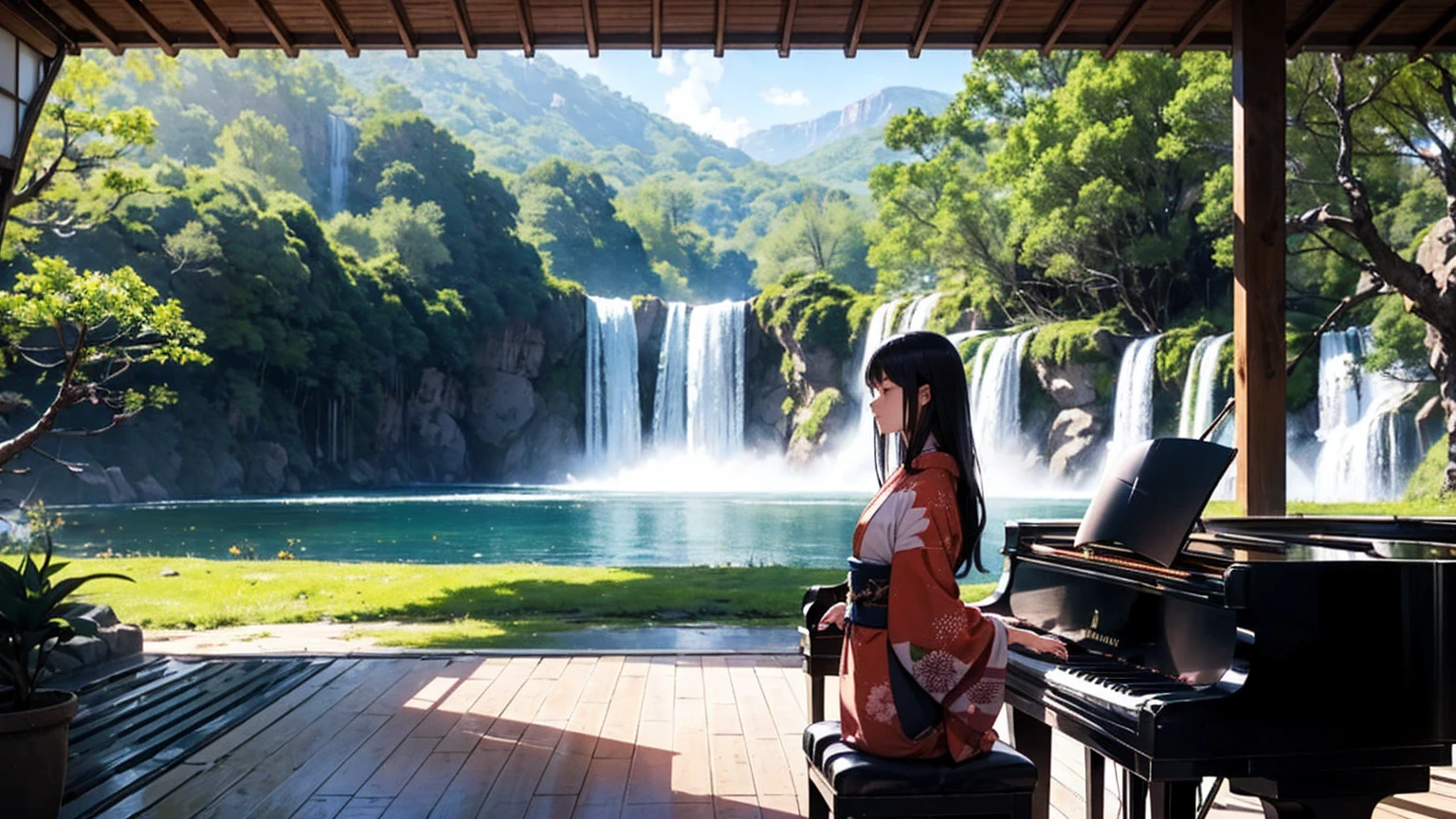 ((full shot))((long shot)), high quality, fantastic, mysterious, sunlight through trees, ((alone))(huge waterfall), sitting far away playing piano, eyes closed, playing, lone female pianist, woman in kimono, wearing hoodie, bright pattern in kimono, cool woman, fantastic, long black hair, piano with Japanese pattern