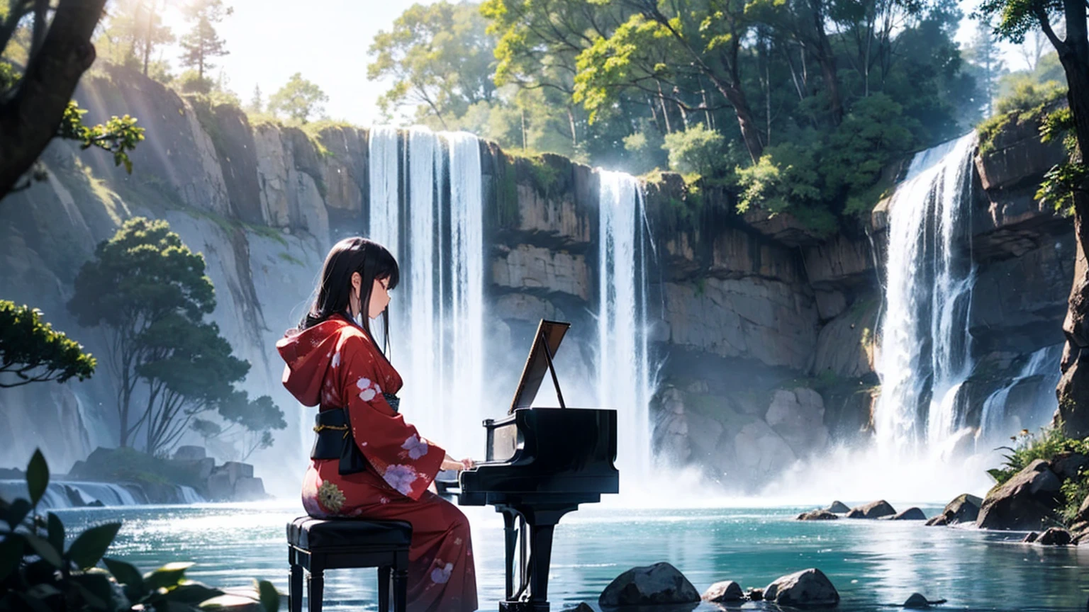 ((full shot))((long shot)), high quality, fantastic, mysterious, sunlight through trees, ((alone))(huge waterfall), sitting far away playing piano, eyes closed, playing, lone female pianist, woman in kimono, wearing hoodie, bright pattern in kimono, cool woman, fantastic, long black hair, piano with Japanese pattern