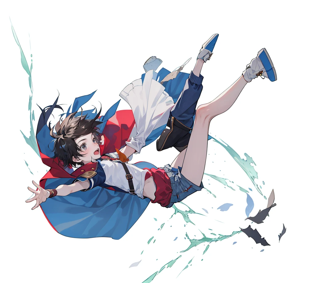 1 boy, 18 years old, cape, bermuda shorts, falling,