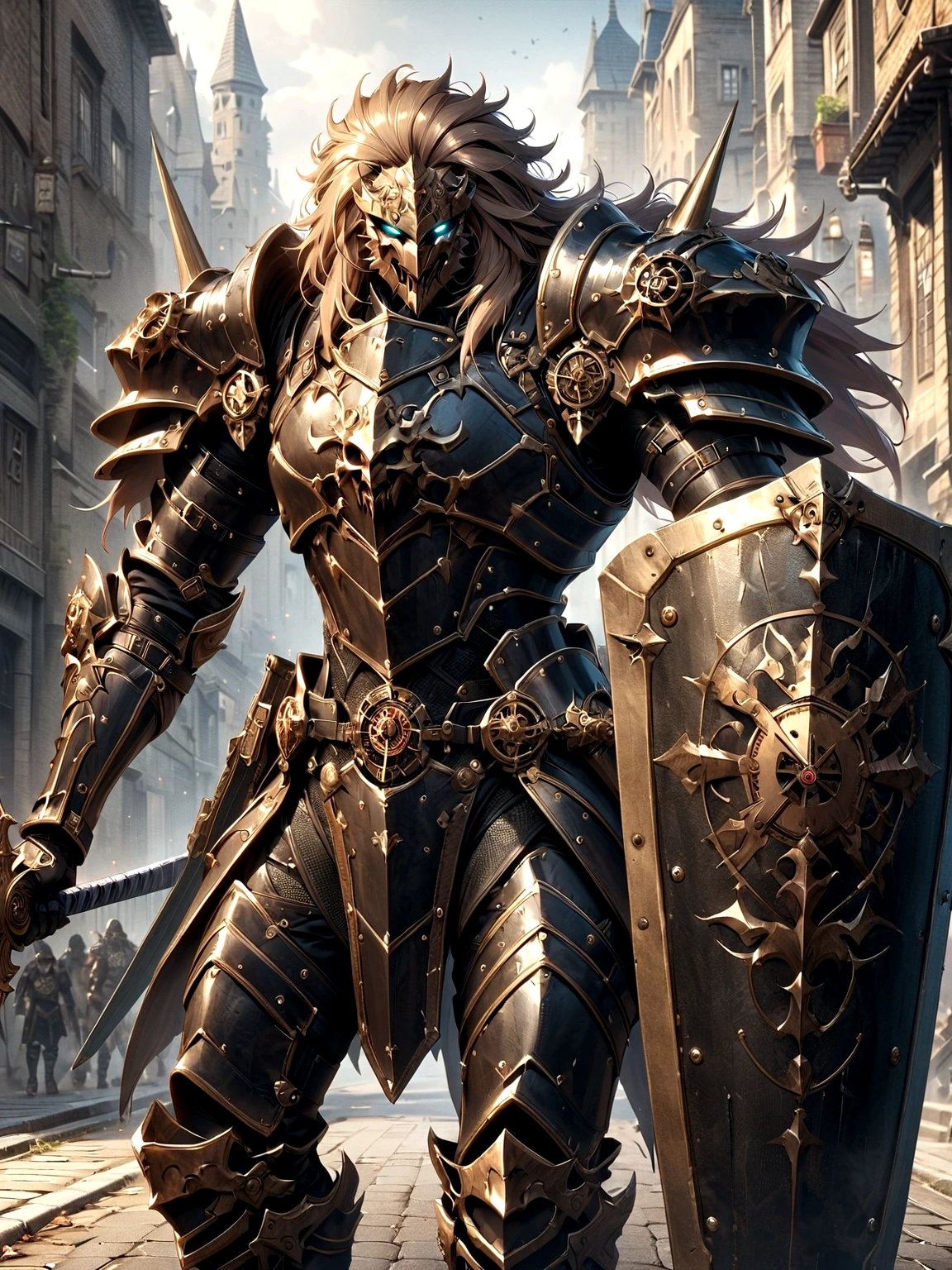 Lion Knight wearing combat uniform, on the street, black armor, Clock designs, Black Lion Man, Black Color armor, Sword and Shield