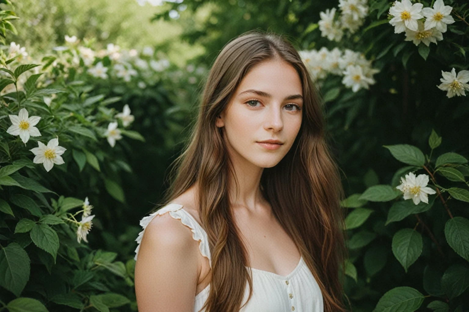 arafed woman with long brown hair standing in front of bushes, infp young woman looking at the camera, amongst foliage, girl with brown hair, girl with long hair, white sundress, 50mm portrait, 7 0 mm portrait, young with long hair, girl in flowers, a beautiful young woman, 3 5 mm portrait, beautiful young girl, monia merlo, 60mm portrait