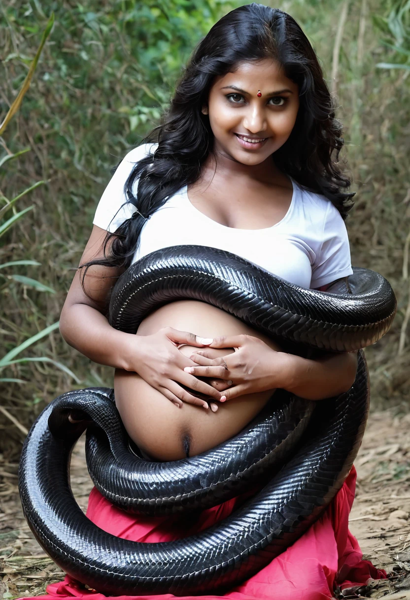 Pregnant Happy Horny, aroused 1girl), beautiful kneeling Indian young girl with giant colossal black titanboa squeezing her hard, wrapped in thick spiraling coils, constricted, struggle, gasping for air, snake attack, snake peril, moonless night, dim light