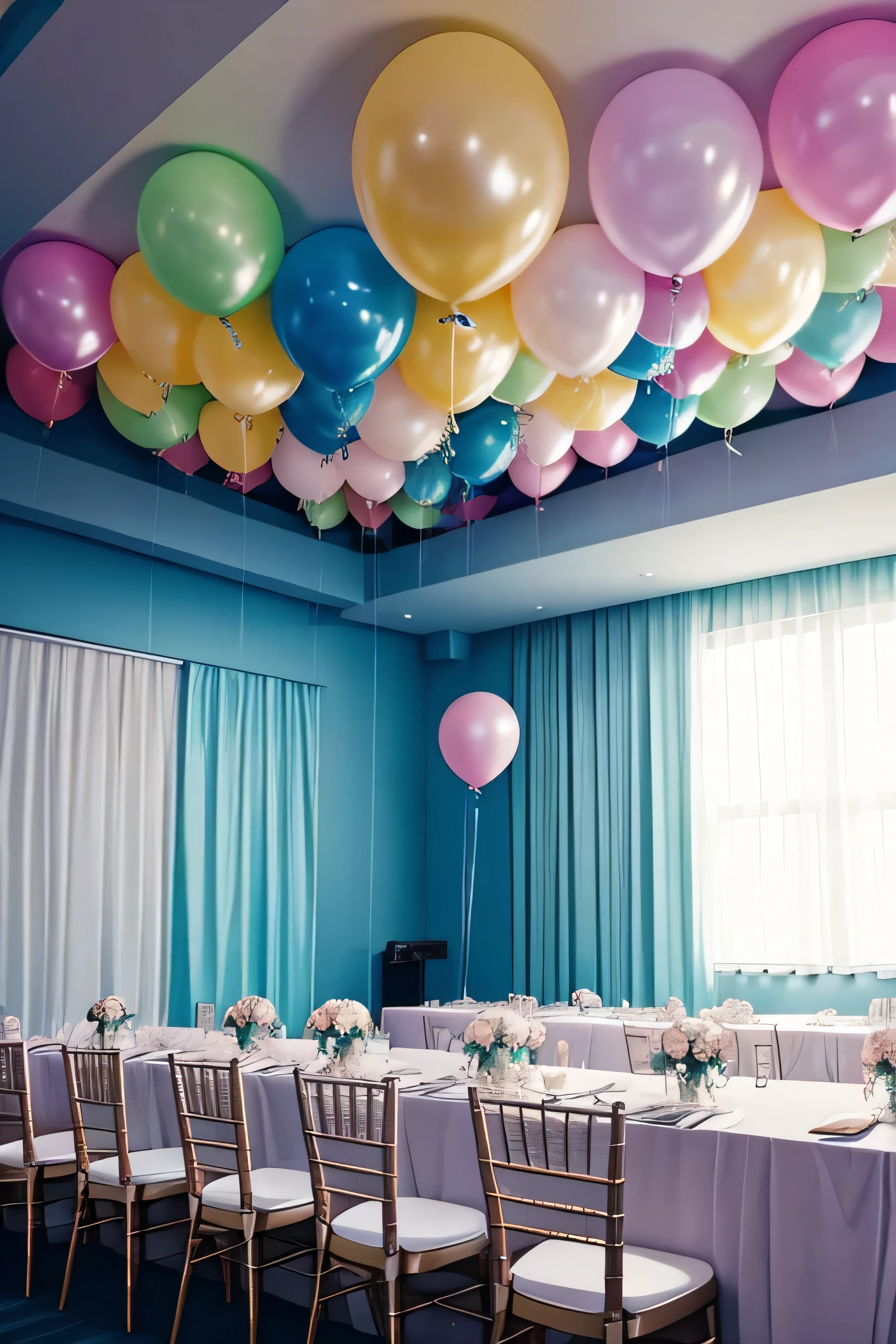 Balloons of light pastel colors that combine in an event room 