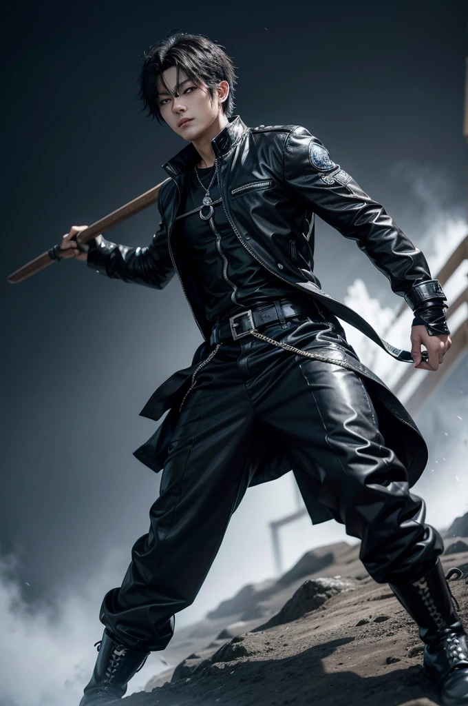 Use the same type of art as in the kimetsu no yaiba manga and create an image of the character below:
clearing! Here's a description of a new character inspired by Gyomei Himejima:
---
**name**: Kaito Inoue
**Description**:
Kaito Inoue is a young demon hunter who stands out for his striking appearance and exceptional skills. Although he is much smaller in stature compared to Gyomei Himejima,, he is agile and extremely strong, compensating for his lack of height with speed and accuracy.
**Appearance**:
Kaito has light, golden eyes that shine with an intensity that seems to pierce the soul of whoever looks at them.. their hair is white as snow, cut short and practical so as not to get in the way during battles. The white color of her hair contrasts sharply with her tanned skin., giving it an ethereal and distinctive appearance.
**Clothing**:
He wears a demon hunter uniform with a predominantly black and white color scheme.. His outfit consists of a fitted white long-sleeved shirt., over which he wears a reinforced black jacket with silver details. The pants are black and made of a resistant material, suitable for combat. He also wears sturdy black boots that give him stability and grip on different terrains.. To complete your look, Kaito wears white gloves and a black sash tied around his waist., where he attaches a small bag with essential items.
**missiles**:
Just like Gyomei, Kaito carries a unique weapon: a chain with an ax and an iron ball. He wields this weapon with impressive skill., Using your agility to carry out quick and precise attacks. The chain is reinforced with light metals, allowing you fluid and effective movements.
**Personalidade**:
Kaito is determined and courageous, always willing to protect the innocent and face demons with bravery. Despite his serene appearance, he possesses an inner strength that inspires his companions. Your clear vision