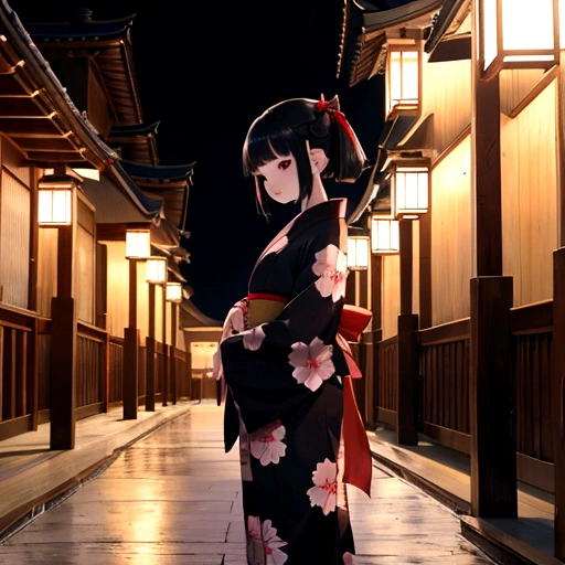 Temple at night、A zashiki-warashi girl wearing an old kimono、Hair is cut in a bob、Standing straight alone、Black cats snuggling together、I can&#39;t see your face、