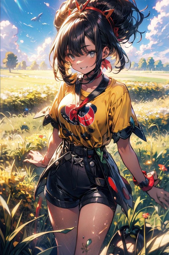 masterpiece, Highest quality, High resolution, Calm 1, 1 Girl, Calm 1, 1 Girl, Calm (Pokemon), alone, Grey Eyes, Black Hair, green Shorts, Red Tiara, shirt, tied shirt,, short hair, Short sleeve, Shorts, stripe, yellow shirt, belt, Middle class shooting, Grass, Field, smile, Are standing,