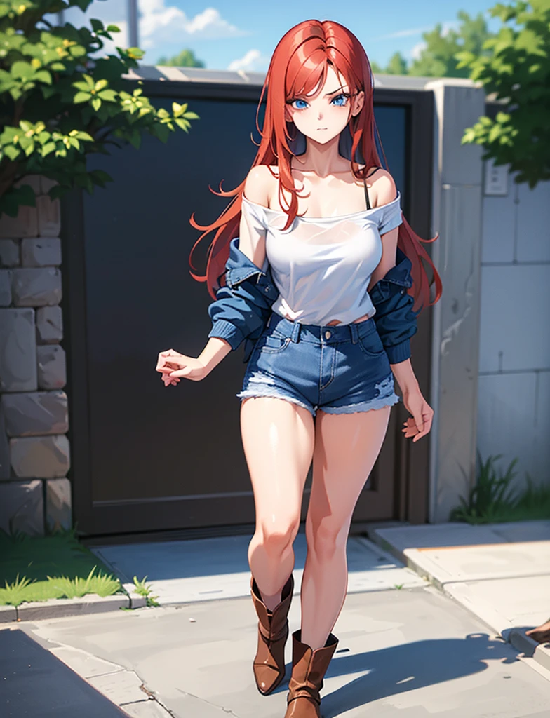 18 year old young girl, long haired redhead with blue eyes, Short white off-the-shoulder shirt, bright blue short jean shorts, serious look, sexy, short brown boots with white