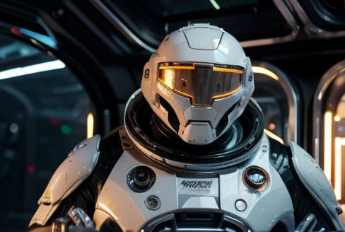 The robot uses laser fire at the viewer, A robot has the palm of its hand showing the viewer, setting frozen planet blizzar,In the image we have 2 Astronauts in space uniform piloting a spacecraft, view inside the spacecraft. A humanoid robot is nearby helping.The captain of the astronauts is a plump, chubby man, extremely thick thighs, a large belly, fat. Passing inside the spaceship laboratory , he checks an analysis under the microscope. His arms are holding digital analysis devices. He wears a spacesuit.