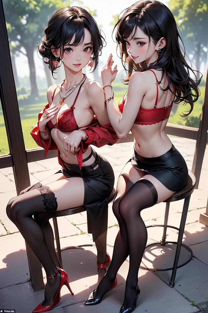 ((Biologically correct limb count))、((Natural finger shape))、((Full Body Shot, Including face))、Standing position、4K、masterpiece、((Focus on the face))、((Symmetrical facial features))、Eye for detailed depiction、Beautiful woman、Excellent style、Beautiful feet、(Small Ass、Thin thighs)、(Patterned black stockings、High heels)、Facial detailing、Small earrings、necklace、Low angle photo、((Red bra and panties、Skirt and panty shots))、Park scenery on a holiday morning、Strong sunlight、(((A facial expression of pleasure)))、(((Lean your body back and sit on the ground)))、((Hands lifting from under your chest))、(Face the camera)、Photograph the side of the body、Accentuate the crotch