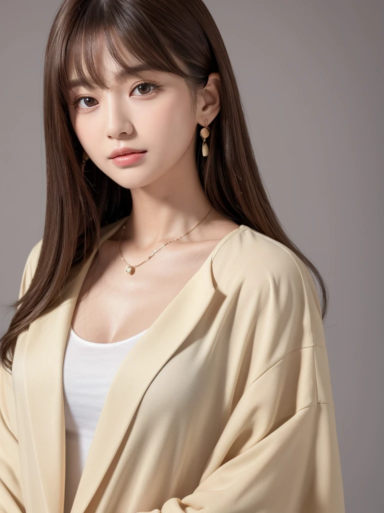 ((Highest quality, 8K, masterpiece:1.3)), concentrate: 1.2, Perfect body beauty: 1.4, Hips: 1.2, ((Long Hair, chest: 1.2)), (Dry clothes: 1.1) , (clear, Simple Background:1.3), Simple clothes: 1.1, Highly detailed face and skin texture,Delicate eyes, double eyelid, Whitened skin, Rough skin、Long Hair、Earrings with bangs、necklace、 solo、Beige coat、White shirt, (((Beautiful girl with cute Japan)))、 ((Beautiful Japanese girl 20 years old))、 ((Baby Face))、 (((Slender body)))、 Upper Body,Face focus、necklace,Simple Background,From above, Realistic Hair、 A photograph was taken:Canon EOS R6、135mm、1/1250 seconds、f2.8、ISO400、(Detailed explanation of the hand)、(Masseter muscle area)、(Exquisite CG)、Long Hair, loose and curly hair、Korean Hair、Long Hair明るいベージュ色、グラデーションハイライトグレージュのゆるふわLong Hairスタイル、