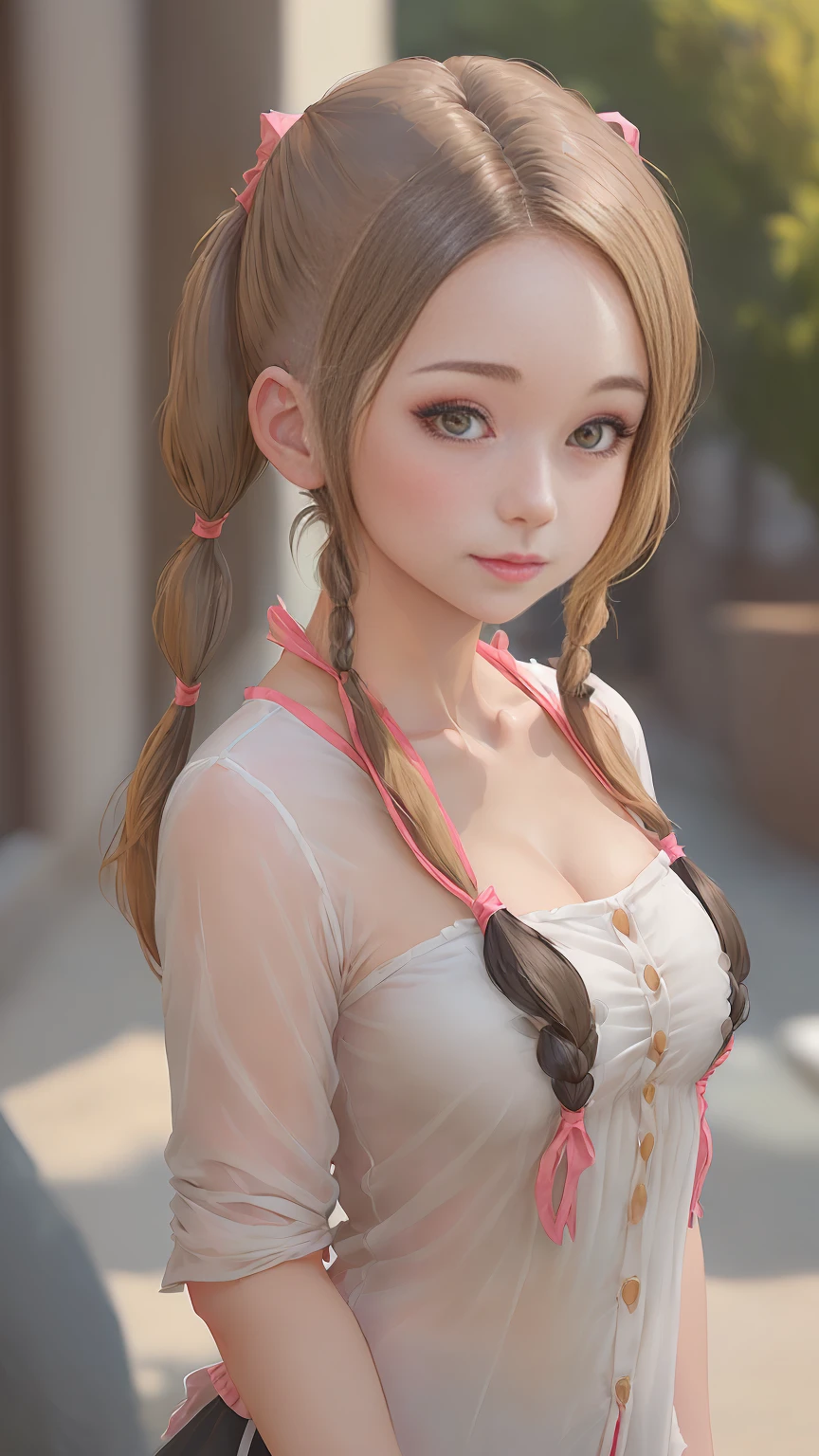 (A beautiful young woman with twin pigtails hairstyle:1.5), modern clothing, animated style, pretty orange priest anime costume, detailed face, pretty eyes, cute expression, soft lighting, Detailed representation, vibrant colors, Fancy, capricious, Very detailed, 8k, photorealistic