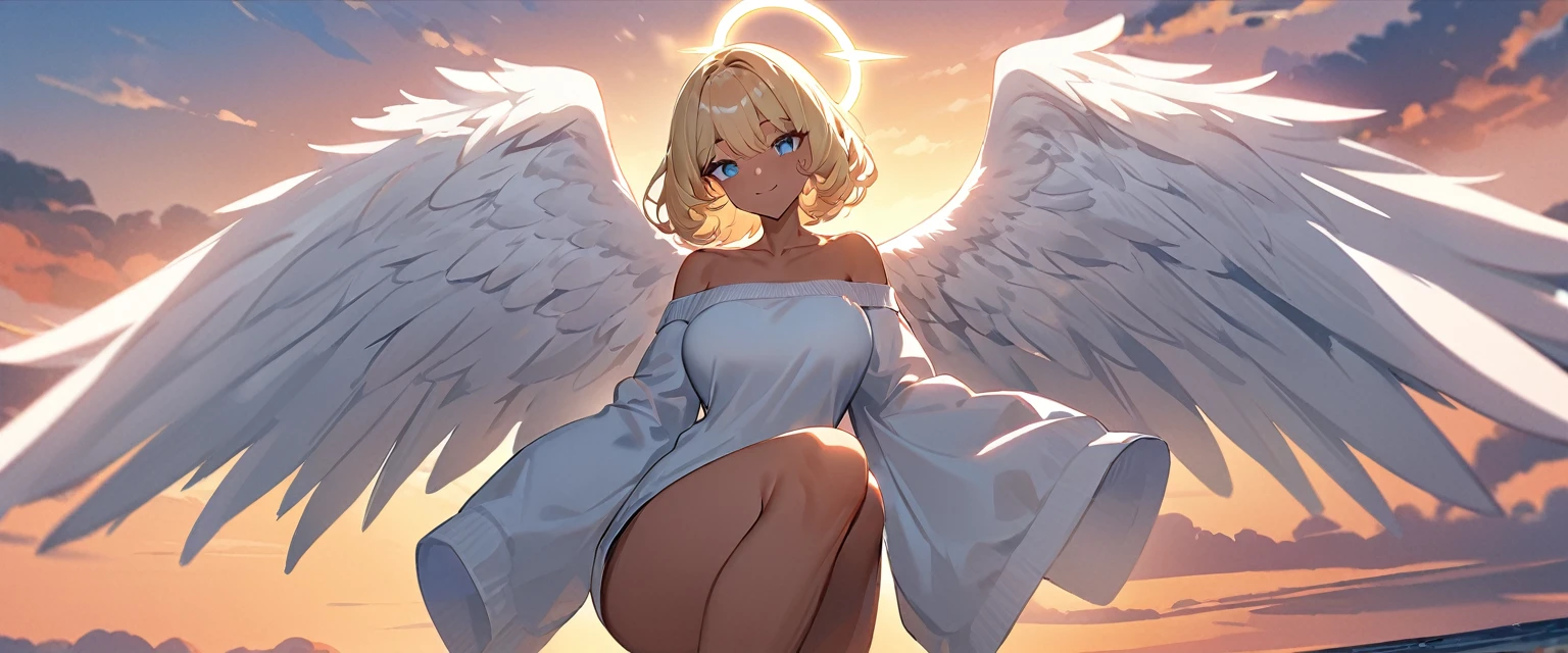 (((One girl))), full body, ((tanned skin)), flying in the sky, bare legs, ((angel, big big white wings:1.2, halo:1.3)), ((wavy hair)), evening, Sunset, sea, beach, ((blond hair, bob cut:1.3)), big breasts, teenager, (looking at viewer), oversized clothes, puffy long sleeves, collarbone, ((off-shoulder sweater dress:1.3, Quite thick shoulder straps)), (((sleeves past wrists:1.3))), ((white sweater)), collarbone, head tilt:1.3, (((blue eye))), ((happy smile)), (((anime style))), (best quality, 4K, 8K, highres, masterpiece:1.2, ultra-detailed, ultra-detailed eyes, HDR, uhd, studio lighting, ultra-fine painting, sharp focus, physically-based rendering, extreme detail description, professional, vivid colors, bokeh), ((Highest quality, Best image quality, Ultra-high resolution, Ultra-high resolution, solo, Strong eye highlights)), Depth of written boundary, Natural soft light, attractive, Beautiful Face, Cleanliness, Pure Face, medium chest, Beautiful Face, Perfect Fingers, Perfect hands, Perfect body, Perfect Face, Shine a light into your eyes, Perfect Anatomy