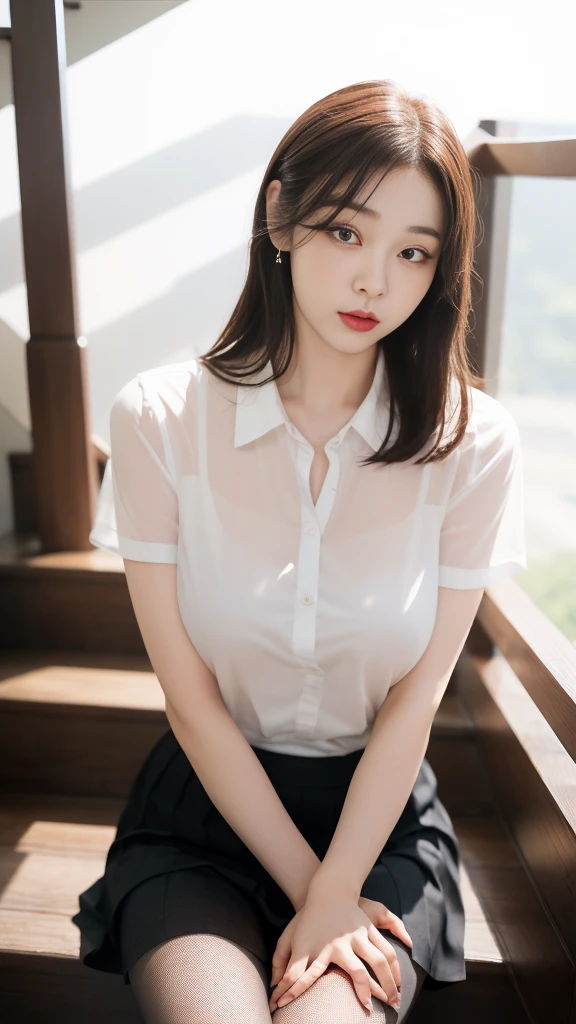 Korean 、summer shirt、Tight shirt、Ribbon Ties、skirt by the、schools、stairs at school、chest lifting pose、Emphasis on the chest、Slender and large、8K raw photos、A high resolution、18-year-old Korean、embarrassing looking、very large round breasts、Beautiful eyes finely detailed、long eyelasher、beautiful double eyelid、eye shadows、eyeline、slender eyes、Elongated eye shape、Sanpaku eyes、beautiful and thin legs、Beautiful slender thighs、Random Shorthair、Tie your hair behind your head、耳Nipple Ring、Light brown hair、(Wear pantyhose)、Hold your knees,wears glasses, short hair, fishnet stocking