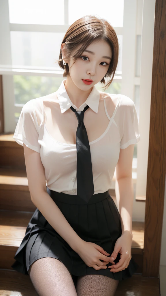 Korean 、summer shirt、Tight shirt、Ribbon Ties、skirt by the、schools、stairs at school、chest lifting pose、Emphasis on the chest、Slender and large、8K raw photos、A high resolution、18-year-old Korean、embarrassing looking、very large round breasts、Beautiful eyes finely detailed、long eyelasher、beautiful double eyelid、eye shadows、eyeline、slender eyes、Elongated eye shape、Sanpaku eyes、beautiful and thin legs、Beautiful slender thighs、Random Shorthair、Tie your hair behind your head、耳Nipple Ring、Light brown hair、(Wear pantyhose)、Hold your knees,wears glasses, short hair, fishnet stocking