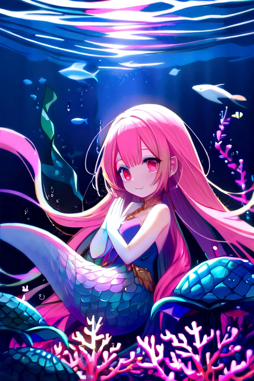 rainbow Mermaid,Fantasy creatures (Mermaid:1.1),water scenery,Depth of the sea,Beautiful attention to detail,Beautiful lip detail,Shining Scales,Flowing colorful hair,finelyこだわったフィッシュテール,Magical underwater lighting,Calm and relaxed atmosphere,A peaceful undersea kingdom,Dreamy settings,Floating seaweed and coral,Fascinating marine life,vivid and bright colors,Natural light penetrating through the water,Dancing iridescent jellyfish,Playful and gentle sea creatures,An ethereal and enchanting presence,Mystical and mysterious aura,masterpiece, (((Highest quality))), (((High resolution))), {Detailed and beautiful eyes}, finely, Detailed and beautiful eyes,1 Girl, (alone:1.5), (((Hair Ribbon:0.4))), Pink Eyes,Cinematic Angles,perspective,(((White bun hair))),(((Long pink hair))),whole body,Refers to 5 books,smile,Kunimi Tama,
