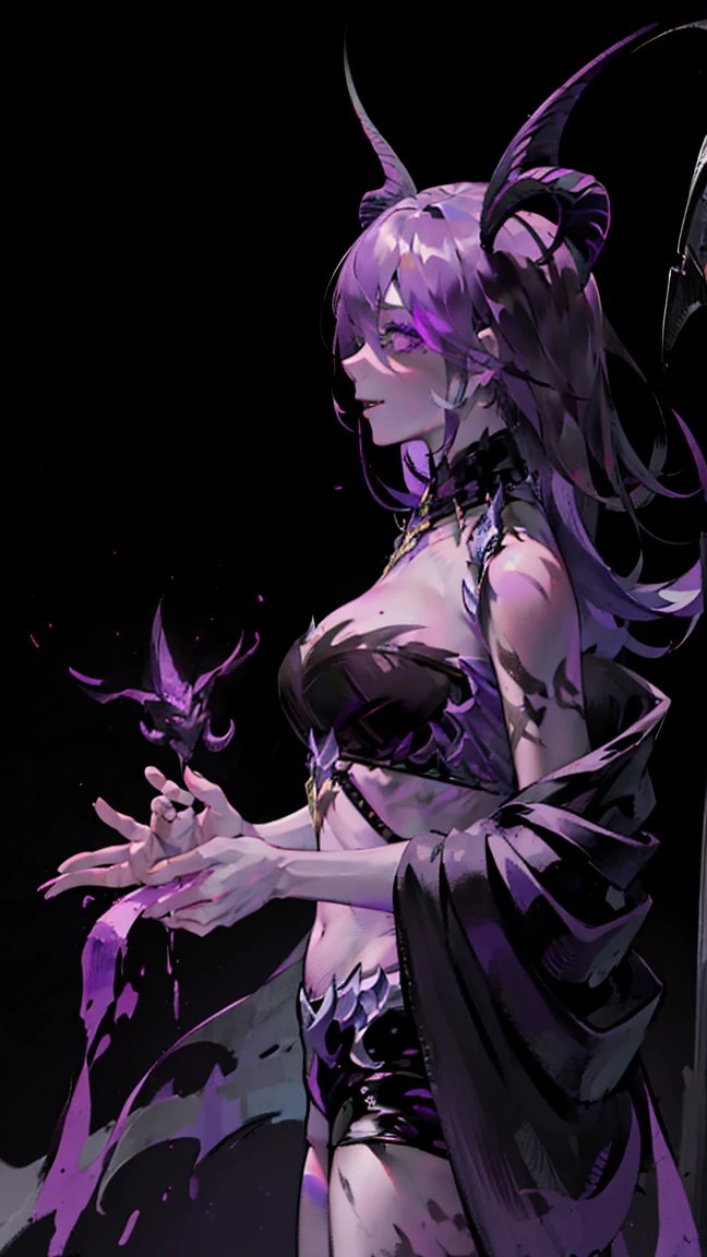 {{Masterpiece}},a woman with purple skin horns,Best Quality, Extremely detailed CG unity 8k wallpaper, dark background, (showy:1.5), (showy hair:1.5), profile 