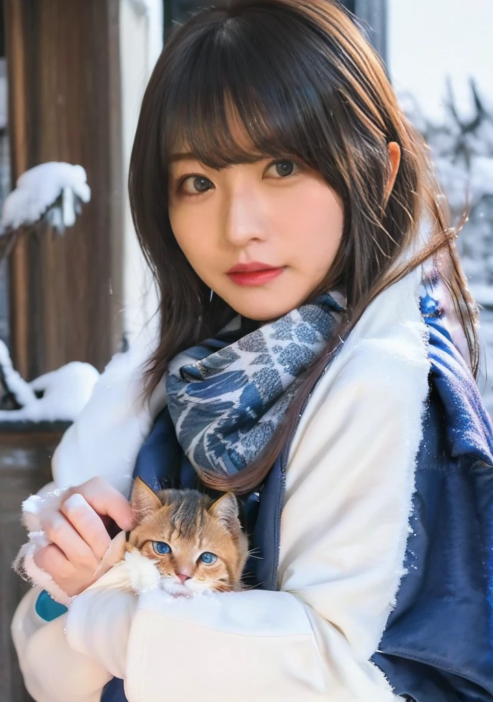 Blue Eyes、Holding a kitten、Photo from the waist up、Night city illumination shot、Cowgirl Shot、Fur coat、豪華なグレーのミンクのFur coat、Wear fine leather boots、Luxury Bags、Inner turtleneck、Silver necklace and small silver earrings Millionaire style:1.4））、Full body photo、smile、 Caustics、Highly detailed photos、Very beautiful woman 、Ample breasts、No makeup、(8K、RAW Photos、Highest quality、masterpiece:1.2)、(Realistic、Realistic)、1 Girl、((Medium Short Hair、Midwinter、Cold region Snow falling、The wind is blowing、Fluttering Hair、Blur the background、Colorful illuminations、Looking into the camera:1.4))、
