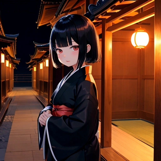 Temple at night、A zashiki-warashi girl wearing an old kimono、Hair is cut in a bob、Standing straight alone、Black cats snuggling together、I can't see your face、