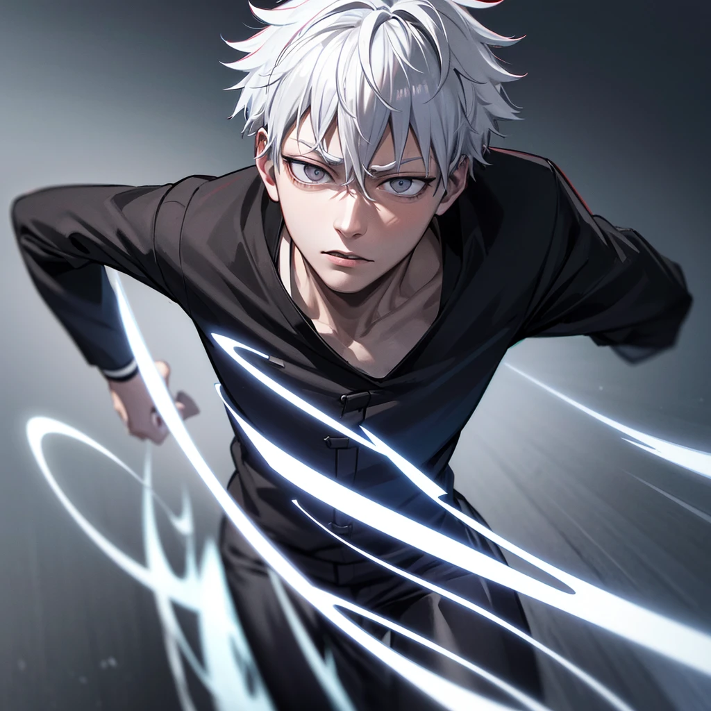 one guy, white hair with black highlights, high res, ultrasharp, jujutsu kaisen style, jujutsu kaisen background, masterpiece, grey eyes