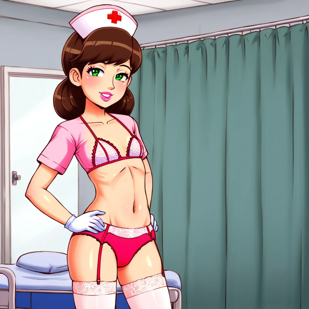 slutty floozy 1girl , solo, whore floozy sleazy lacivious nurse lingerie using pantyhoose, nurse cap, low pink wear, ((low ping legwear, zettai ryouiki)), white gloves,extremely detailed lace lingerie, drooping eyes, pink lips, smile, standing, ((hospital room)), sharp outline, short sleeves, young female, 18 years old, best quality, masterpiece painted by ilya kuvshinov, gaston bussiere, craig mullins, hajime sorayama alphonse mucha, artstation, Despite the provocative elements, the image remains tasteful, focusing on artistic expression and contrasting gothic horror vibes with vibrant paint splatters. The final product is a highly detailed, stylized oil photo, masterfully created with HDR technology and 8k resolution.
