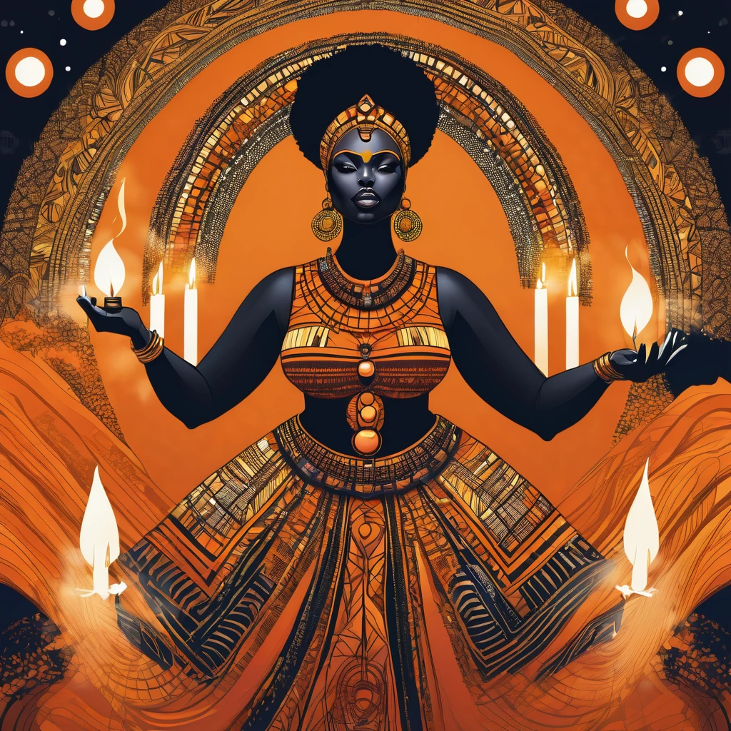 Vector t-shirt art design, centered, orisha, illustration of a thick and fat black woman wearing a orange dress and making magic with candles, afrofuturism, afrofuturism fashion, ultra quality, 8K, intricate details, beautiful face, african goddess