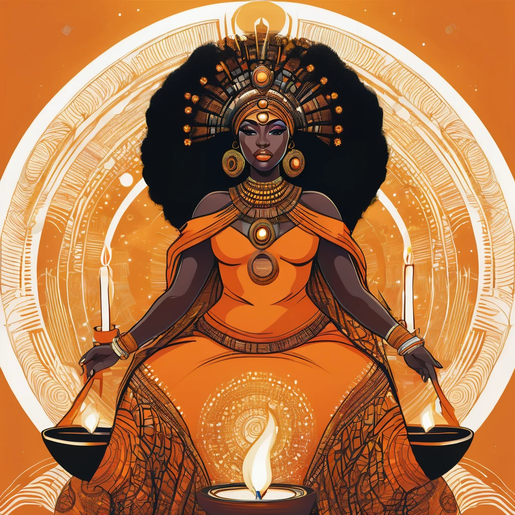 Vector t-shirt art design, centered, orisha, illustration of a thick and fat black woman wearing a orange dress and making magic with candles, afrofuturism, afrofuturism fashion, ultra quality, 8K, intricate details, beautiful face, african goddess