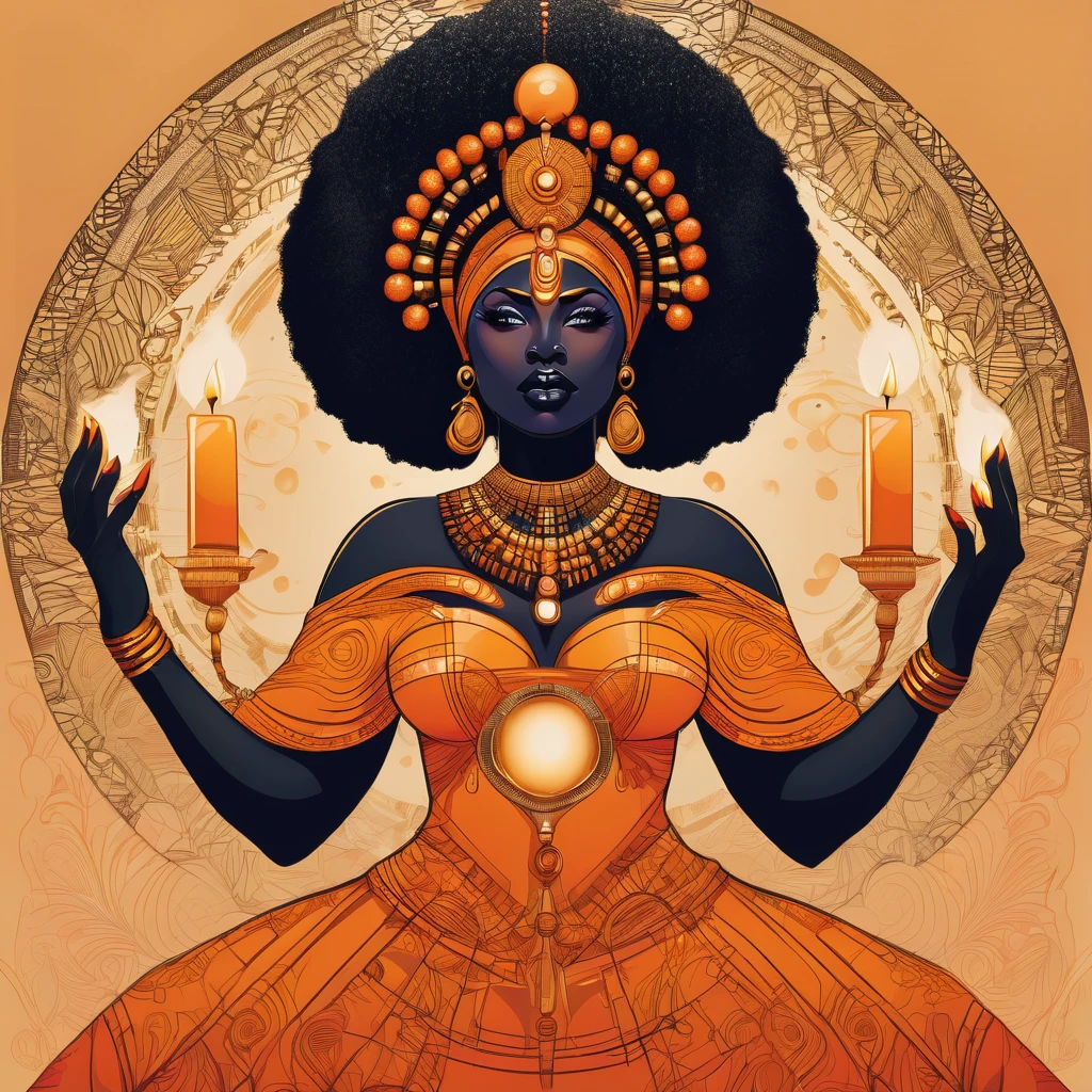 Vector t-shirt art design, centered, orisha, illustration of a thick and fat black woman wearing a orange dress and making magic with candles, afrofuturism, afrofuturism fashion, ultra quality, 8K, intricate details, beautiful face, african goddess