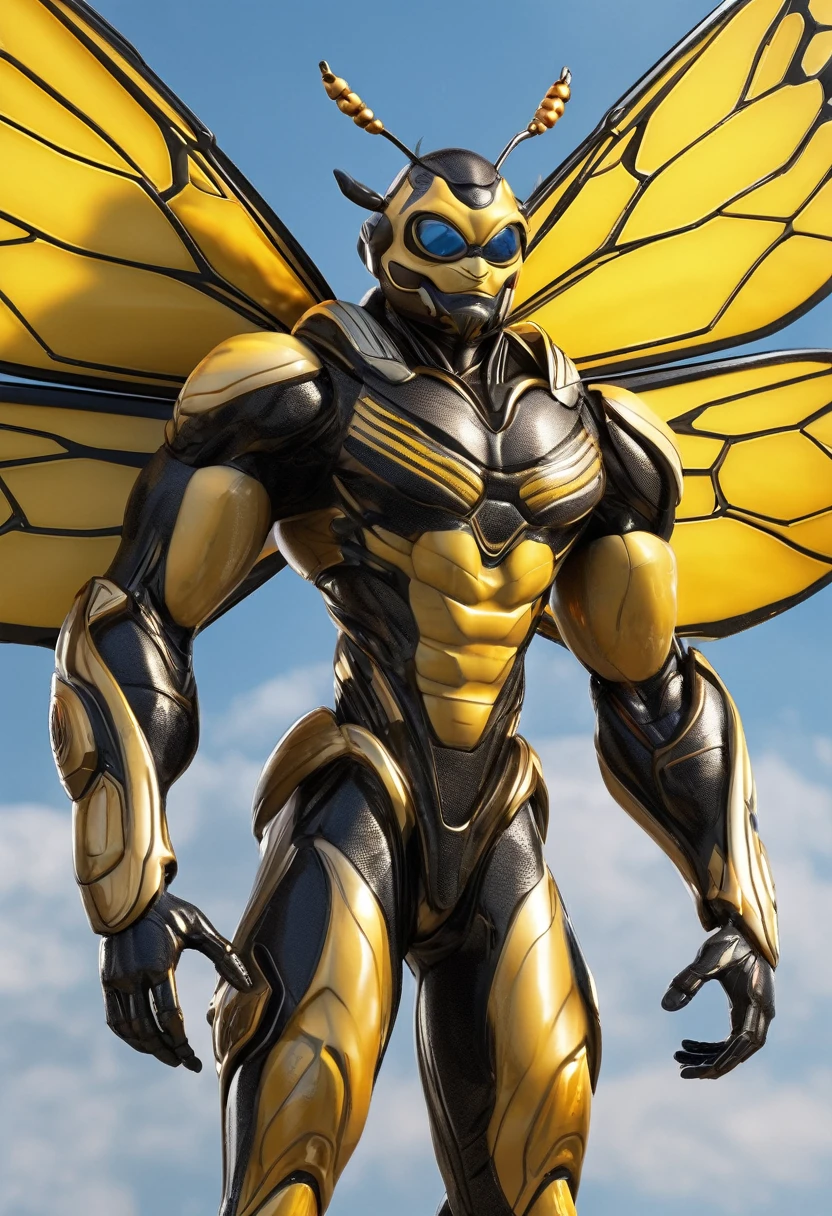 ((absurdres)) perfect whole body, ultra photorealistic, top quality, Photorealistic, ((16k UHD)) High Definition, high-res, ultra sharp, masterpiece, the best quality, intricate details, detailed eyes, perfect face detailed face, (((in a capital city town))) orange goggles, masterpiece, highly detailed exquisite character art, perfectly detailed anatomy, detailed body, detailed pecs, hyper pecs, thick thighs, (((sunny weather))) (((natural lights))), ultra-realistic, (((1male))) ((tall muscular man male humanoid)), bald, humanoid yellow skin, bee anatomy, deity, god of honey bees, humanoid black & yellow skin tone, yellow hue, powerful humanoid appearance, compound eyes, stinger, abdomen, metallic scales, scales. Metallic armour, wings, elf ears, glossy skin, large smirking face, flying in the sky, mandibles, Antenna, honey, ((male muscular stripe black & yellow humanoid insect honey bee)) (((yellow skin))), (((black skin))) 