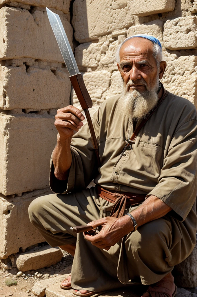 Old man of 2000 year in isreal having a scripture in his hand and a spear in the other hand