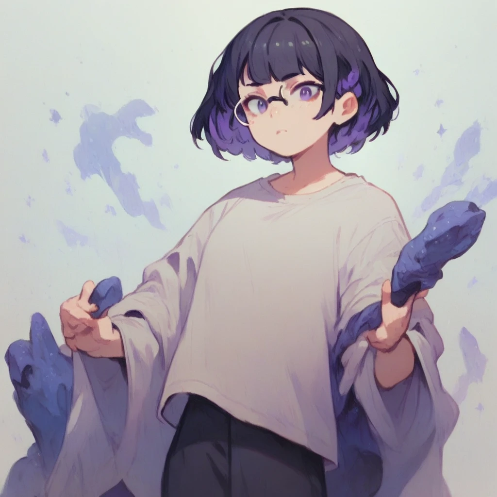 a man 40 year old scientist, wearing glasses, black hair, short bangs covering his left eye, white lab coat, purple shirt, black tie, evil look, purple eyes, pale skin, looking very angry, holding a piece of meteorite with purple aura