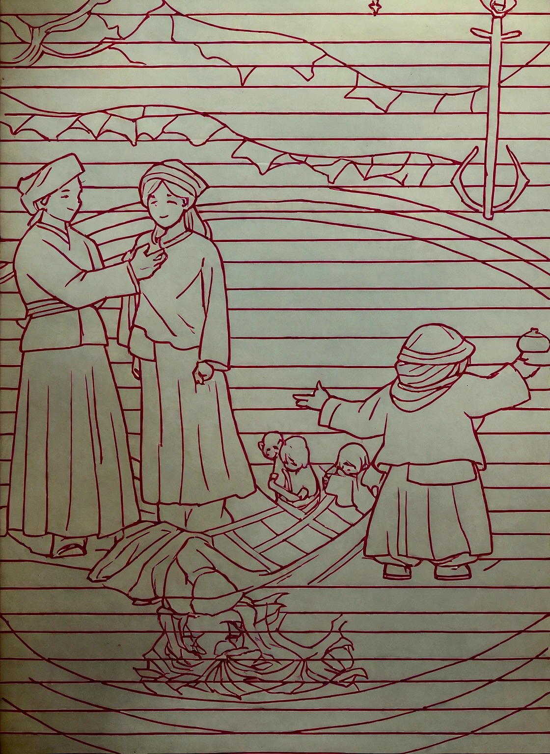 A colorful paper with a manger and a woman on a boat, Full-page illustrations, Coloring Book, 实地日志Line Art, Full-page illustrations, Line Art, Folklore illustrations, detail on scene, Linear illustration, Coloring book pages, Stylized lines, Coloring book outline, Coloring Pages, Scary appearance, Concept works, Many years have passed, A panel